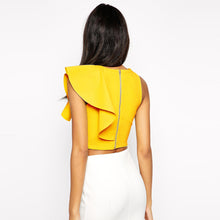 sexy crop top women one shoulder ruffle o neck sleeveless fitness women tops blusas feminina black yellow J4U66
