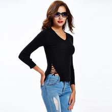 sexy women sweaters and pullovers lace up sides long sleeve v neck solid slim basic tee hollow out outwear pull femme J4U66