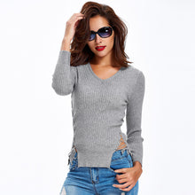 sexy women sweaters and pullovers lace up sides long sleeve v neck solid slim basic tee hollow out outwear pull femme J4U66