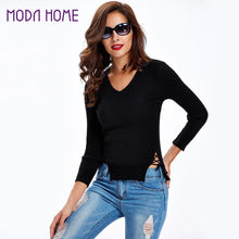 sexy women sweaters and pullovers lace up sides long sleeve v neck solid slim basic tee hollow out outwear pull femme J4U66