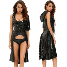 sexy ladies halloween costumes 2pc cosplay dress black gothic punk wetlook sweet pea hooded coat gown dress women clothing J4U66