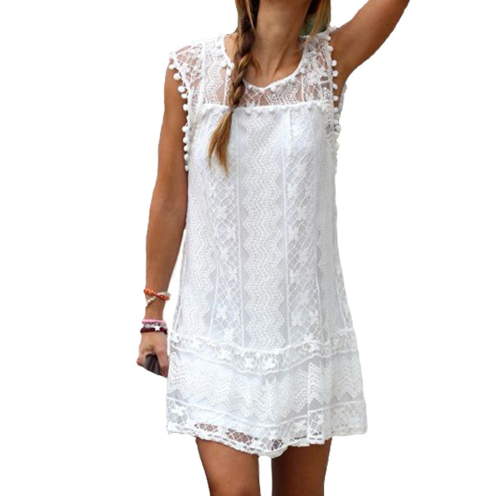 sexy dress women casual sleeveless beach dress tassel solid white party mini lace dress vestidos plus size J4U66
