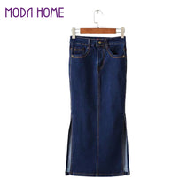 sexy women midi denim skirt split package hip pockets zipper button casual pencil bodycon skirts womens saias blue J4U66