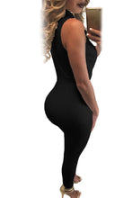 sleeveless deep v rompers womens jumpsuit solid black white bodycon catsuit black zip front collared bodysuit J4U66