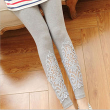 Women Slim Modal Cozy Cotton Knitted Leggings Hollow Out Lace Pants Mid Waist Trousers  J4U66