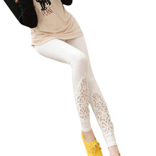 Women Slim Modal Cozy Cotton Knitted Leggings Hollow Out Lace Pants Mid Waist Trousers  J4U66