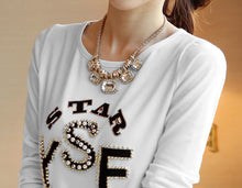 casual t-shirts women t-shirts print long sleeve o neck beading women tops blusas plus size J4U66