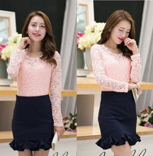 women blouses ol lady slim office shirt floral lace beading round neck long sleeves tops blusas J4U66