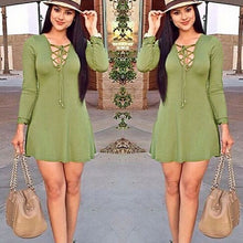 elegant women mini dress stylish v neck long sleeve lace up slim short casual office dress vestidos green black J4U66