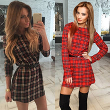 women mini vintage dress plaid check tartan print zipper o neck long sleeve style office dress vestidos J4U66