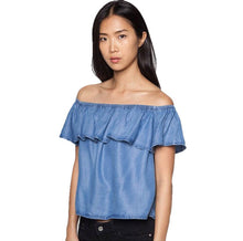 Sexy Off Shoulder Design Women 100% Cotton Denim Shirt Top y camisas mujer vetement femme  J4U66