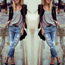 Women's Jeans Ripped Straight Full Length Famale Hole Mid Waist Jeans Pants Washed Cotton Pants L4 J4U66