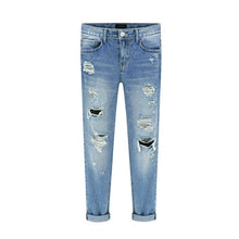 Women's Jeans Ripped Straight Full Length Famale Hole Mid Waist Jeans Pants Washed Cotton Pants L4 J4U66