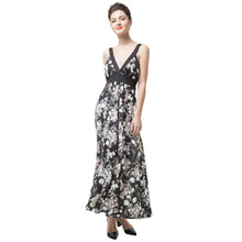 sumemr women boho dress floral print tie waist deep v neck beach dress sleeveless party dresses black J4U66