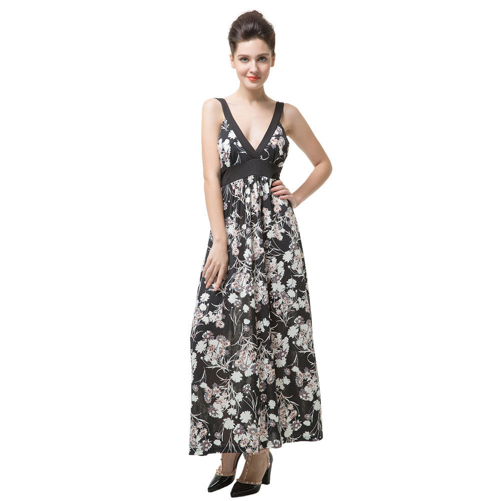 sumemr women boho dress floral print tie waist deep v neck beach dress sleeveless party dresses black J4U66