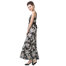 sumemr women boho dress floral print tie waist deep v neck beach dress sleeveless party dresses black J4U66