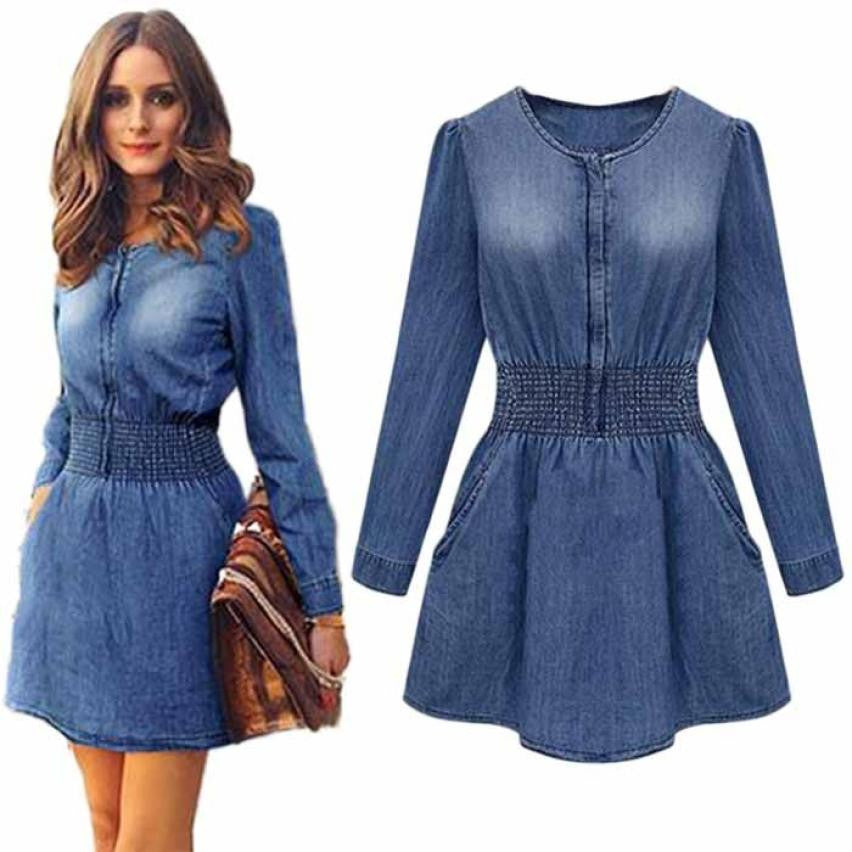 Fashion Women Long Sleeve Vestidos Jeans Denim Slim Casual Dress Plus Size Bowknot Belt  J4U66