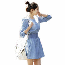 Fashion Women Long Sleeve Vestidos Jeans Denim Slim Casual Dress Plus Size Bowknot Belt  J4U66