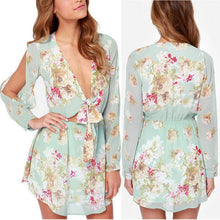 Floral Print Chiffon Mini Dress Sexy Off shoulder Boho Beach Dresses Long Sleeve Party Short Dress Cold Shoulder J4U66