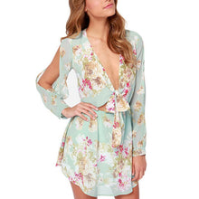 Floral Print Chiffon Mini Dress Sexy Off shoulder Boho Beach Dresses Long Sleeve Party Short Dress Cold Shoulder J4U66