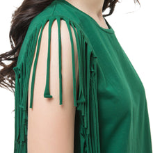 women t-shirts tassel fringing round neck sleeveless tops solid regular fit casual tee shirt women green J4U66