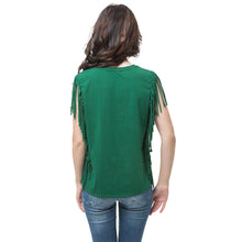 women t-shirts tassel fringing round neck sleeveless tops solid regular fit casual tee shirt women green J4U66