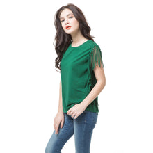 women t-shirts tassel fringing round neck sleeveless tops solid regular fit casual tee shirt women green J4U66