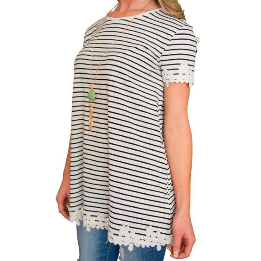 KoreanSexy Women Short Sleeve Splice Tops Shirt Lace  J4U66