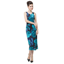 retro women midi dress floral print open back sleeveless strap slim elegant dress party clubwear blue J4U66