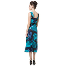 retro women midi dress floral print open back sleeveless strap slim elegant dress party clubwear blue J4U66