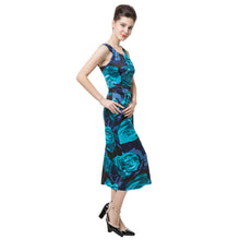 retro women midi dress floral print open back sleeveless strap slim elegant dress party clubwear blue J4U66