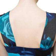 retro women midi dress floral print open back sleeveless strap slim elegant dress party clubwear blue J4U66