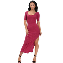 sexy women ribbed long dress scoop neck high thigh split short sleeve bodycon maxi dress club wear grey vestiti J4U66