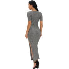sexy women ribbed long dress scoop neck high thigh split short sleeve bodycon maxi dress club wear grey vestiti J4U66