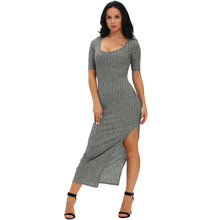 sexy women ribbed long dress scoop neck high thigh split short sleeve bodycon maxi dress club wear grey vestiti J4U66