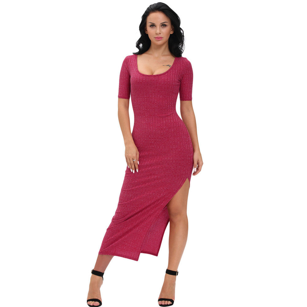 sexy women ribbed long dress scoop neck high thigh split short sleeve bodycon maxi dress club wear grey vestiti J4U66