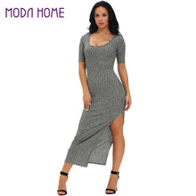 sexy women ribbed long dress scoop neck high thigh split short sleeve bodycon maxi dress club wear grey vestiti J4U66