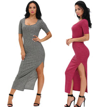 sexy women ribbed long dress scoop neck high thigh split short sleeve bodycon maxi dress club wear grey vestiti J4U66