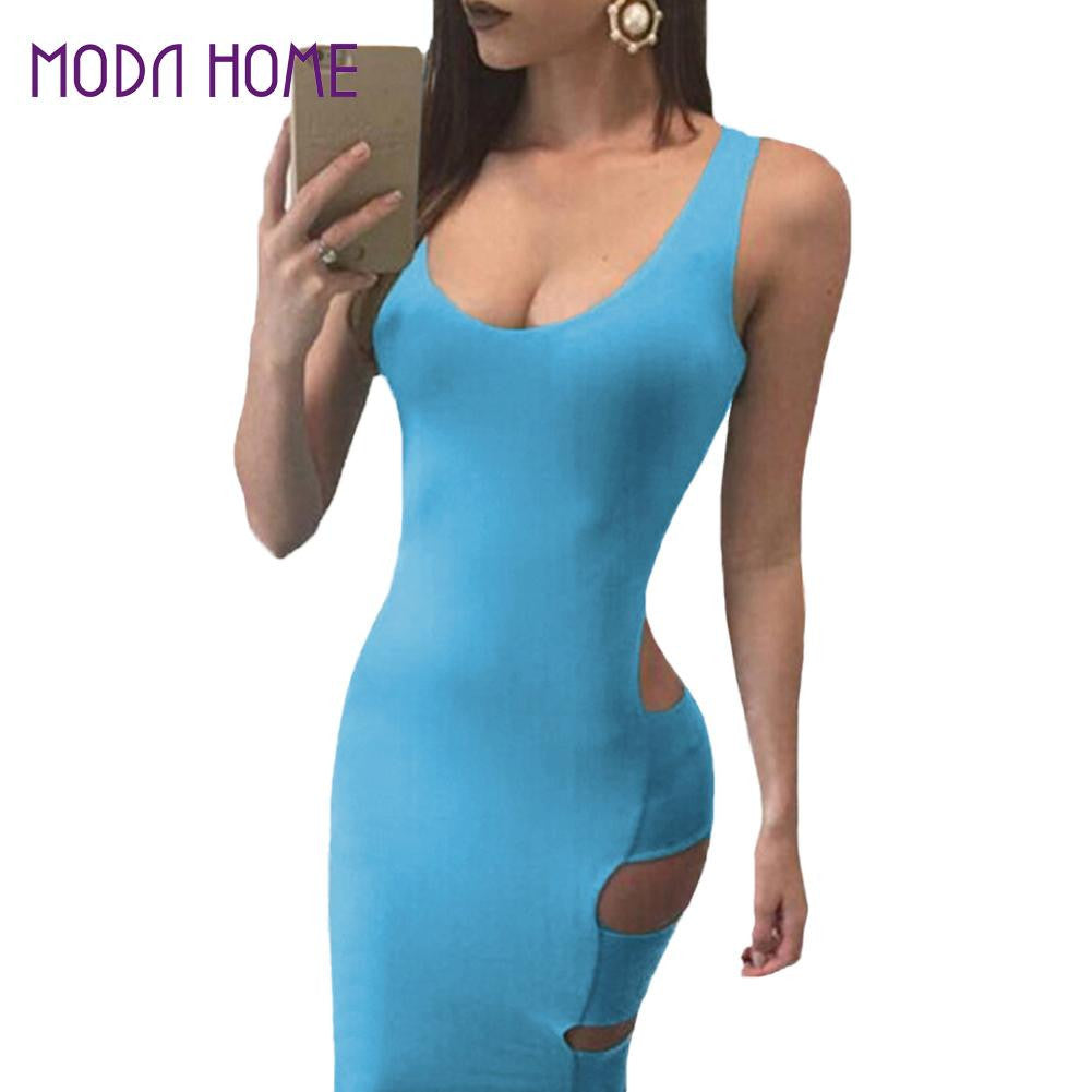 women bandage dress scoop neck low cut at back sexy party dresses sleeveless side cutouts clubwear light blue J4U66
