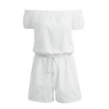 women jumpsuit off shoulder short sleeve drawstring waist overalls for women solid casual beach playsuit romper J4U66
