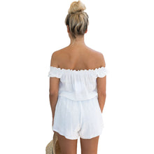 women jumpsuit off shoulder short sleeve drawstring waist overalls for women solid casual beach playsuit romper J4U66