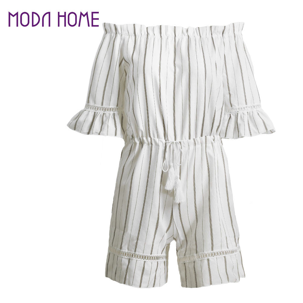 rompers women jumpsuits striped off shoulder tassel fringe short playsuit casual beachwear overalls white J4U66