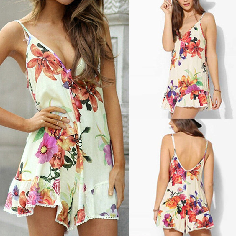 Sexy V-neck Backless flowers Print Dress Women's Casual Party Short Cute Dresses Plus Sizes J4U66