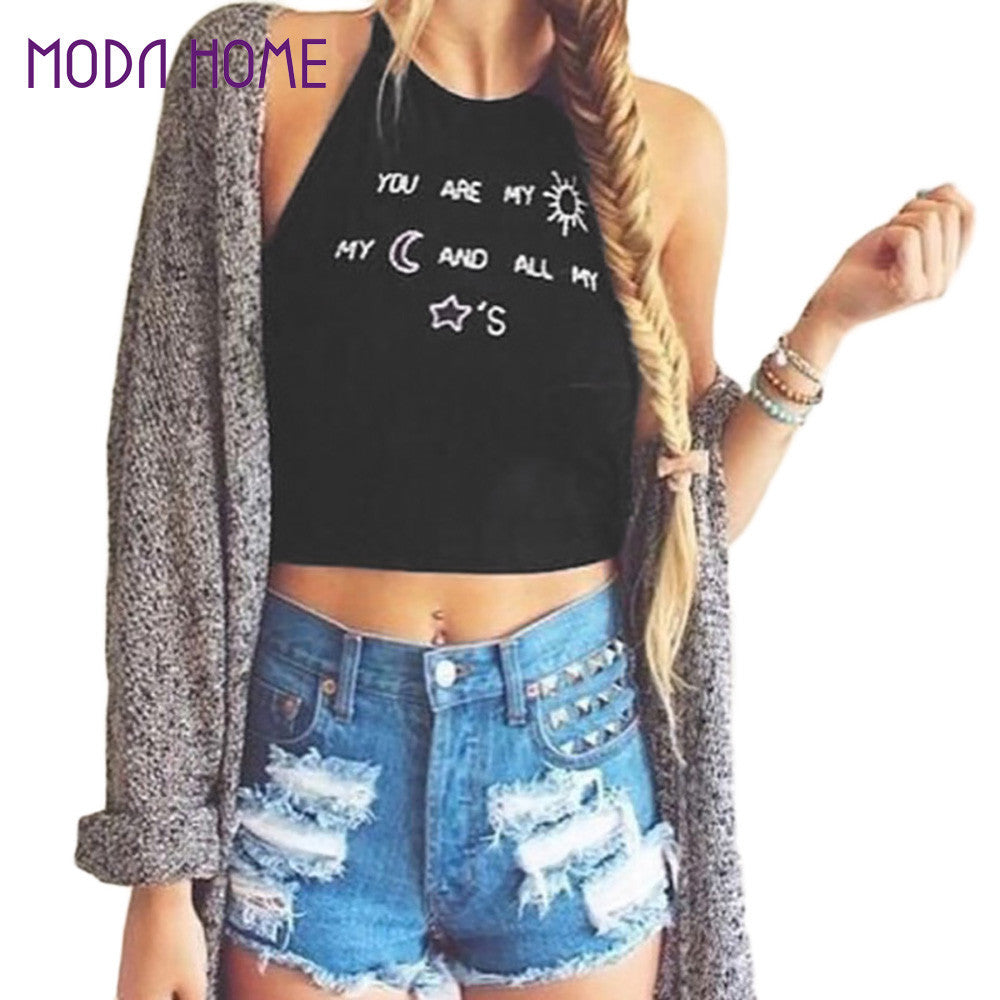 sexy women blackless crop tops sleeveless casual letter printed haltercamis vest dance tops plus size blusas J4U66