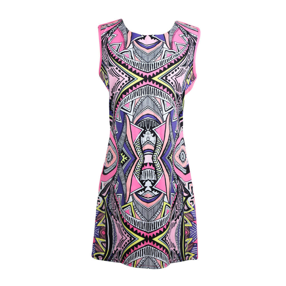 sexy women dress floral print o neck sleeveless boho dress back zipper party dress plus size beachwear vestidos J4U66