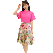 skirts women t-shirts two piece set stand collar hollow out chiffon tops mesh floral print zipper skirt rose J4U66