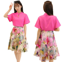 skirts women t-shirts two piece set stand collar hollow out chiffon tops mesh floral print zipper skirt rose J4U66