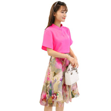 skirts women t-shirts two piece set stand collar hollow out chiffon tops mesh floral print zipper skirt rose J4U66