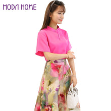 skirts women t-shirts two piece set stand collar hollow out chiffon tops mesh floral print zipper skirt rose J4U66