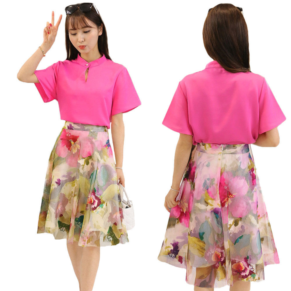 skirts women t-shirts two piece set stand collar hollow out chiffon tops mesh floral print zipper skirt rose J4U66